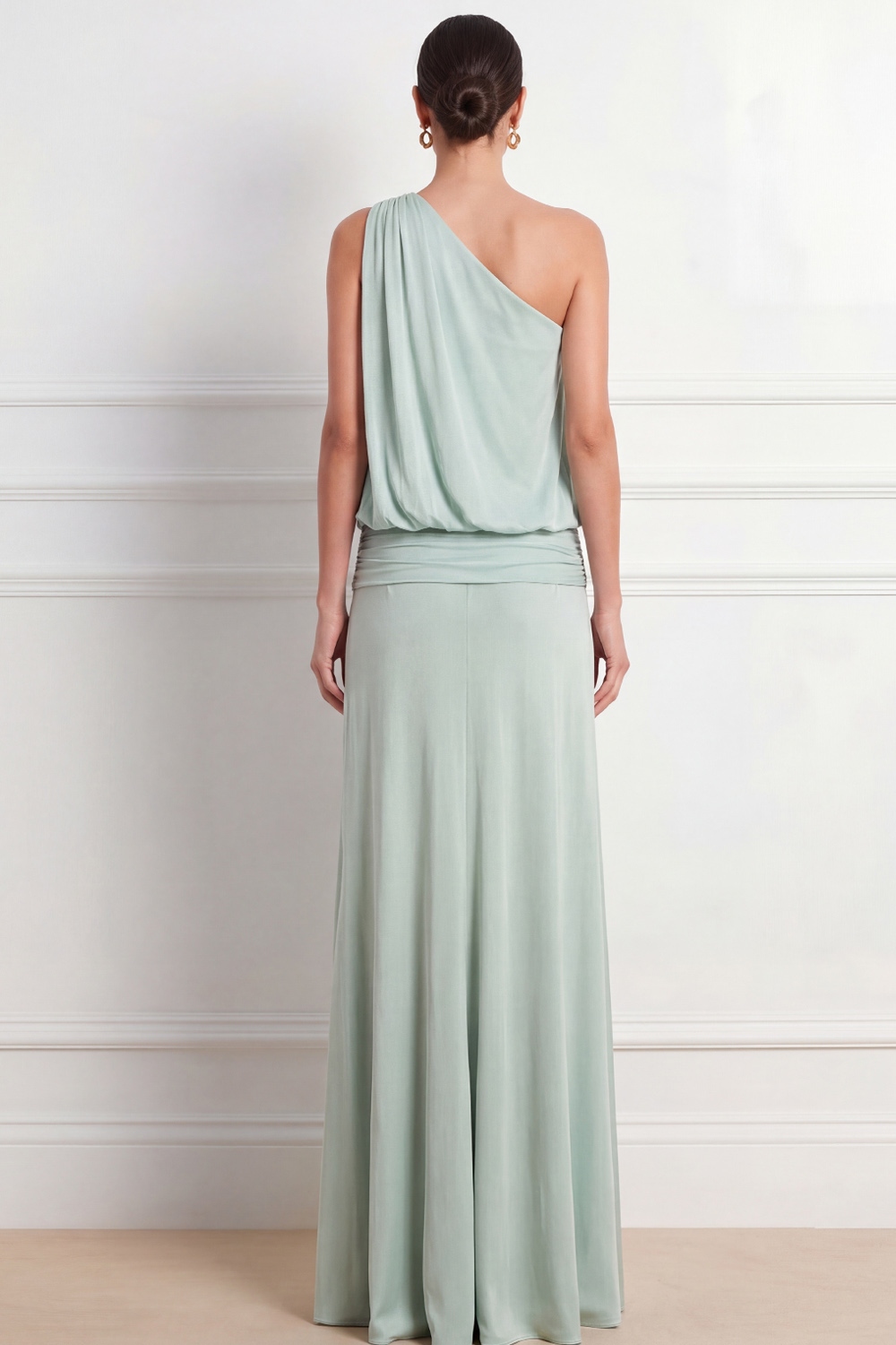 Lake Blue Formal Dress Ruched One Shoulder Chiffon Maxi Dress with Slit