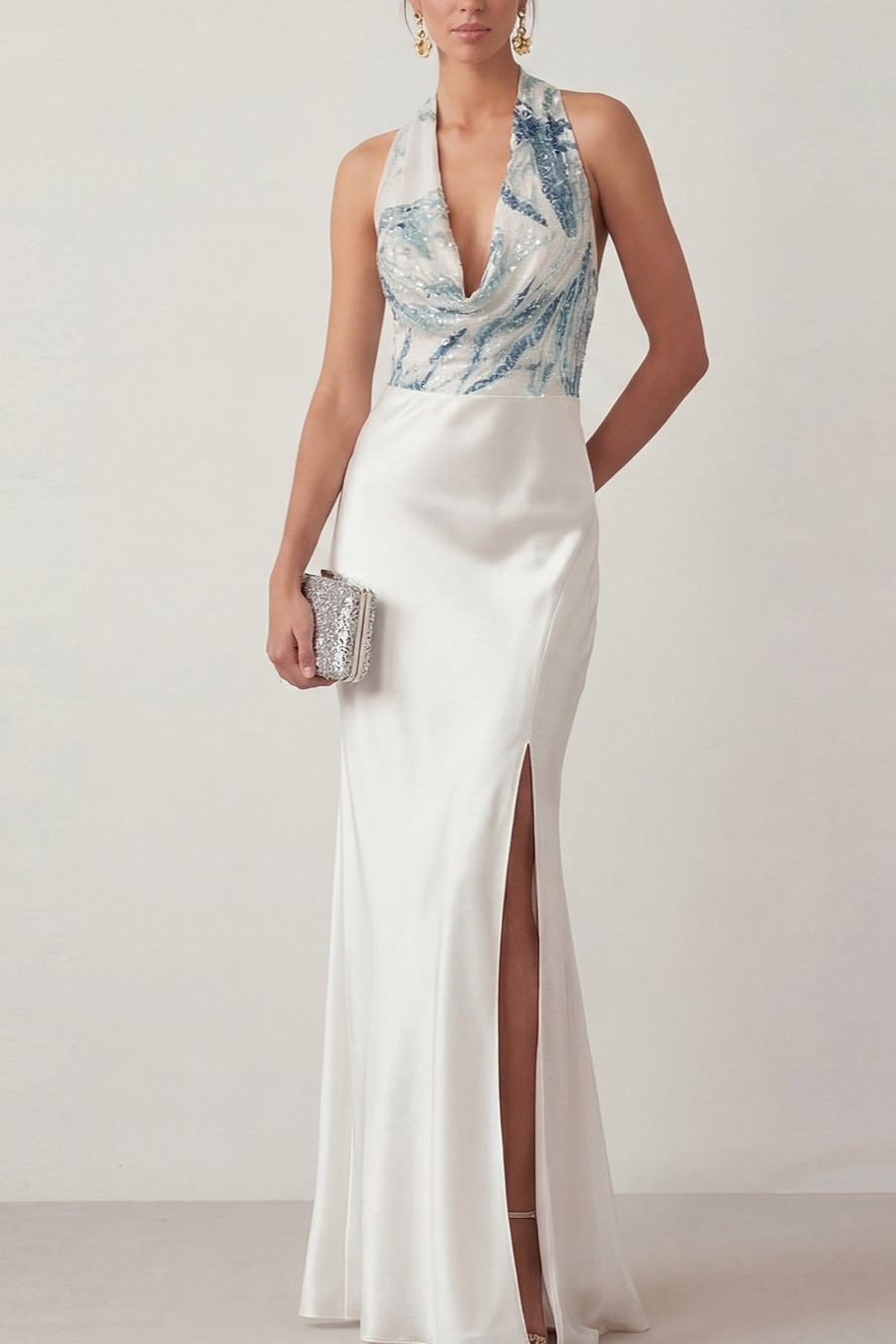 Mermaid White Cowl Neck Long Formal Dress with Sequins