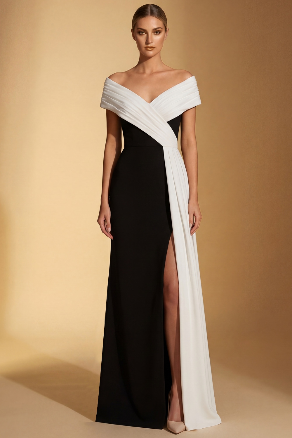 Black Evening Formal Dress Off the Shoulder Slit Maxi Dress with Side Cape