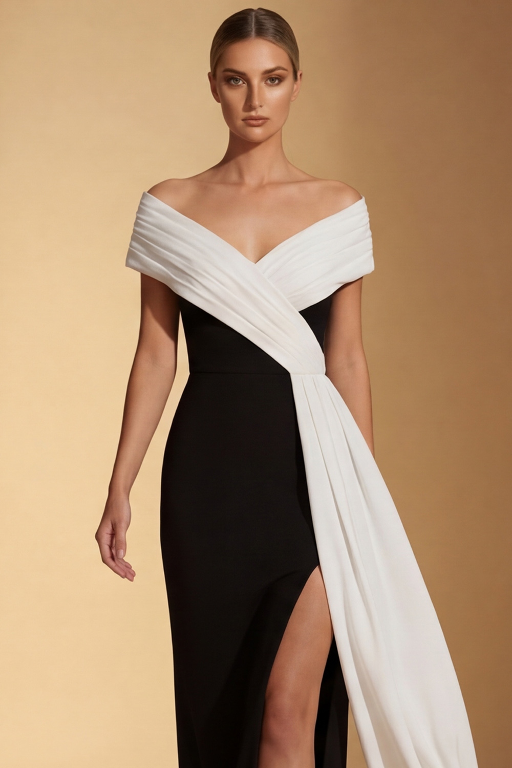 Black Evening Formal Dress Off the Shoulder Slit Maxi Dress with Side Cape
