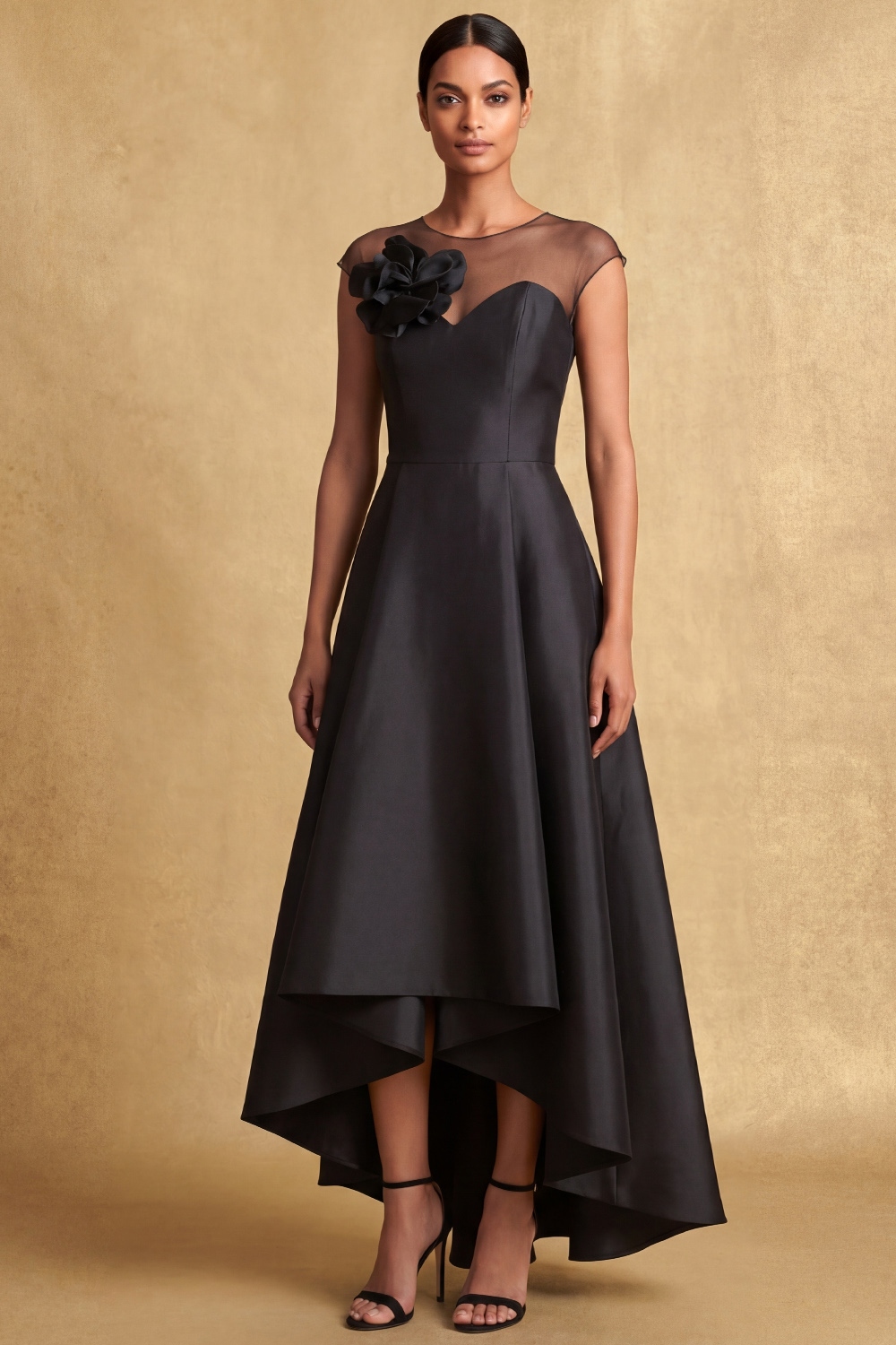 Black Evening Formal Dress Illusion Neck High-Low Dress with 3D Flower