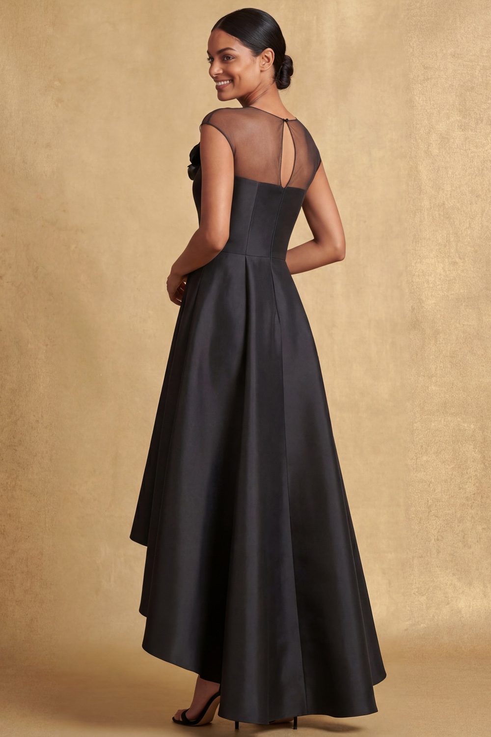 Black Evening Formal Dress Illusion Neck High-Low Dress with 3D Flower