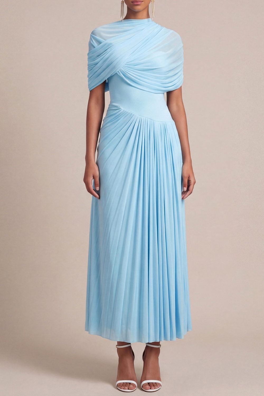 Light Blue Formal Dress A-Line Asymmetrical Pleated Maxi Dress