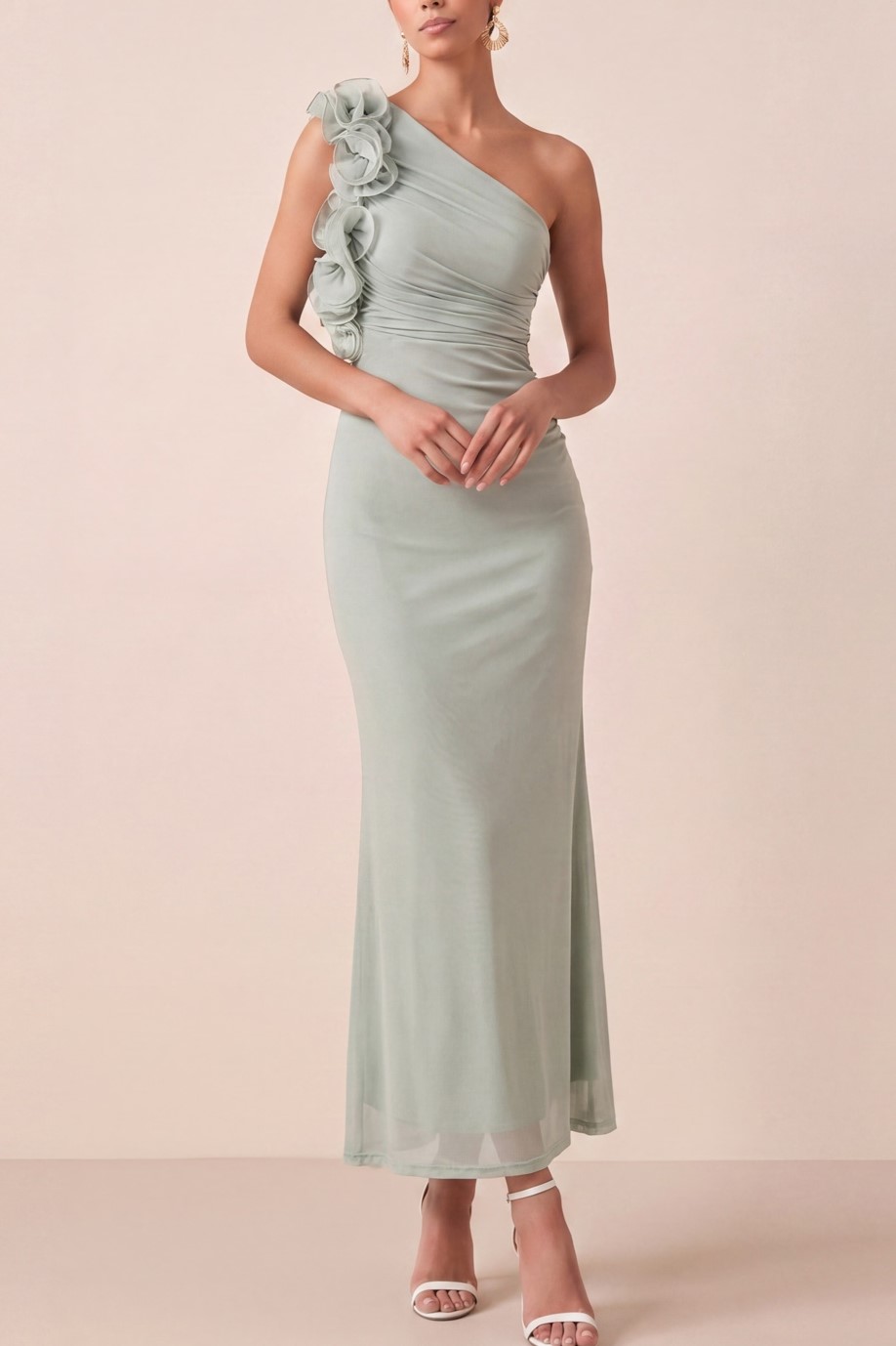 Dusty Sage Formal Dress One Shoulder Mermaid Maxi Dress with Ruffle