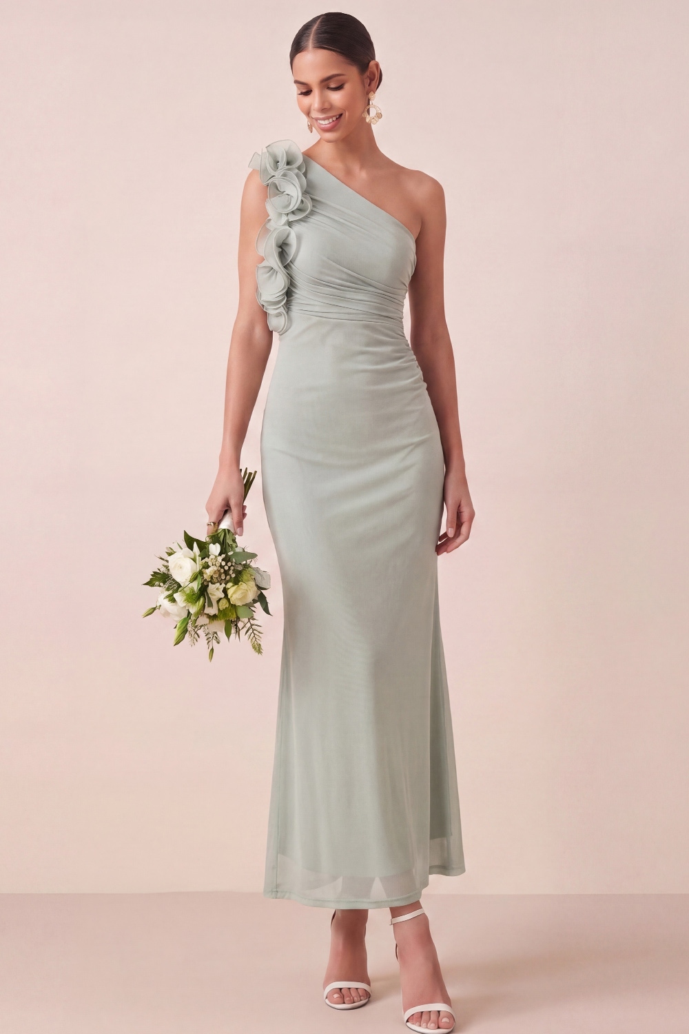 Dusty Sage Formal Dress One Shoulder Mermaid Maxi Dress with Ruffle