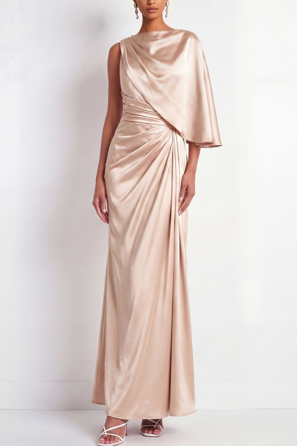 Champagne Mermaid Formal Dress Ruched Satin Maxi Dress with Slit