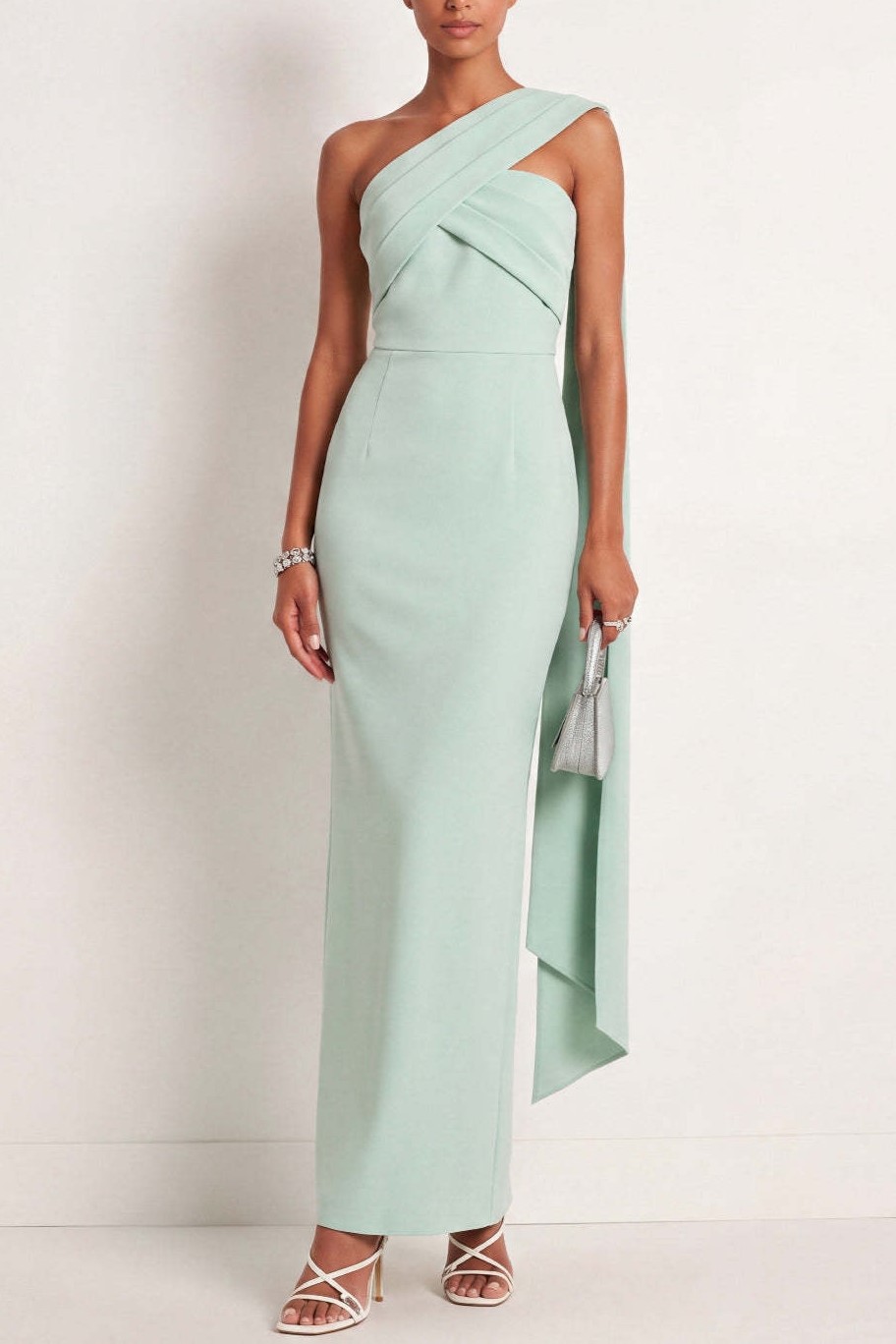 Mint Green One Shoulder Sheath Maxi Formal Dress with Ribbon