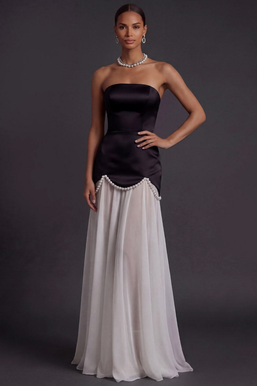 White Black Formal Evening Dress A-Line Strapless Maxi Dress with Beading