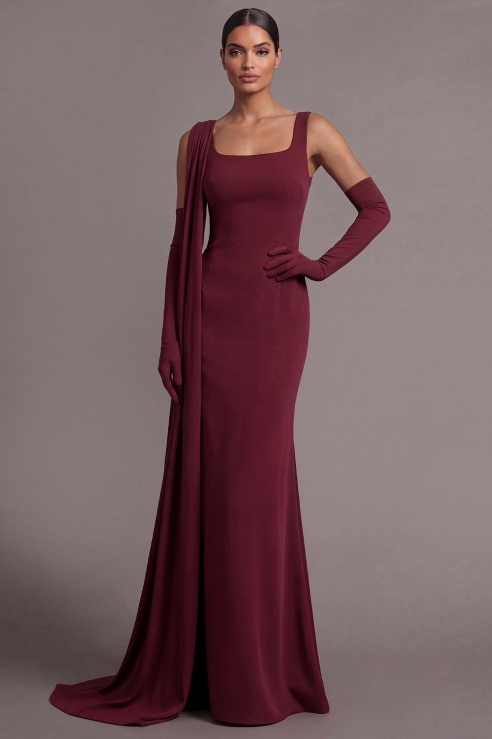 Burgundy Formal Evening Dress Mermaid Wide Straps Cape Maxi Dress