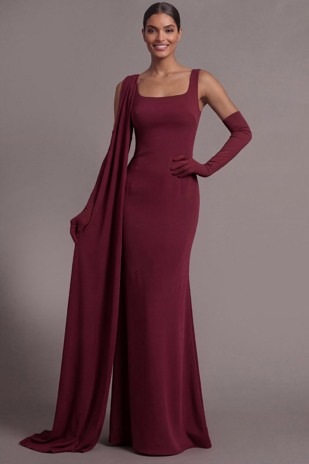 Burgundy Formal Evening Dress Mermaid Wide Straps Cape Maxi Dress