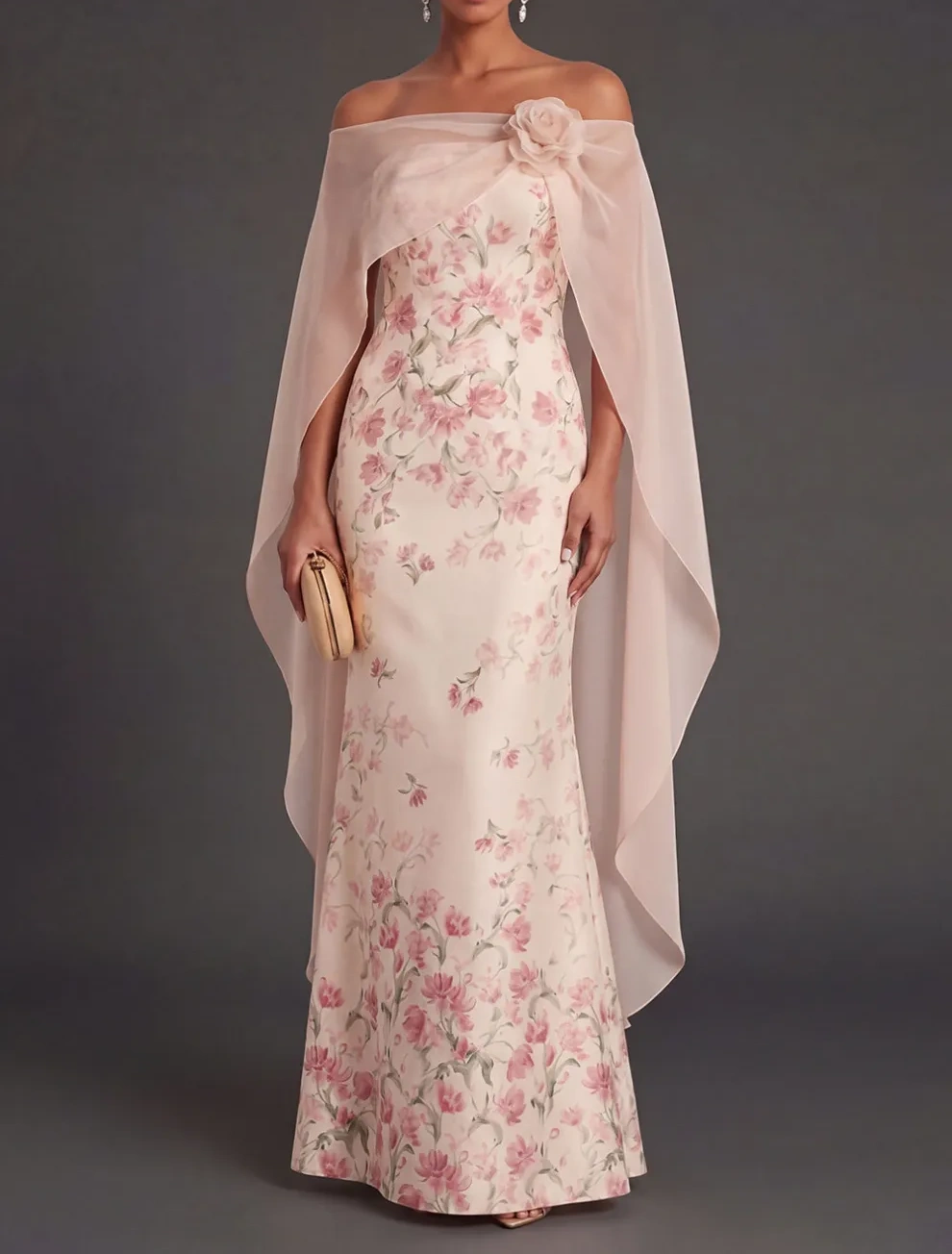 Apricot Floral Mermaid Maxi Strapless Wedding Guest Dress with Cape