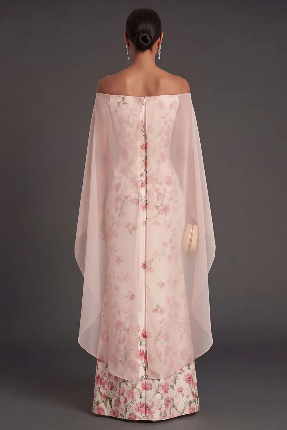 Apricot Floral Mermaid Maxi Strapless Wedding Guest Dress with Cape