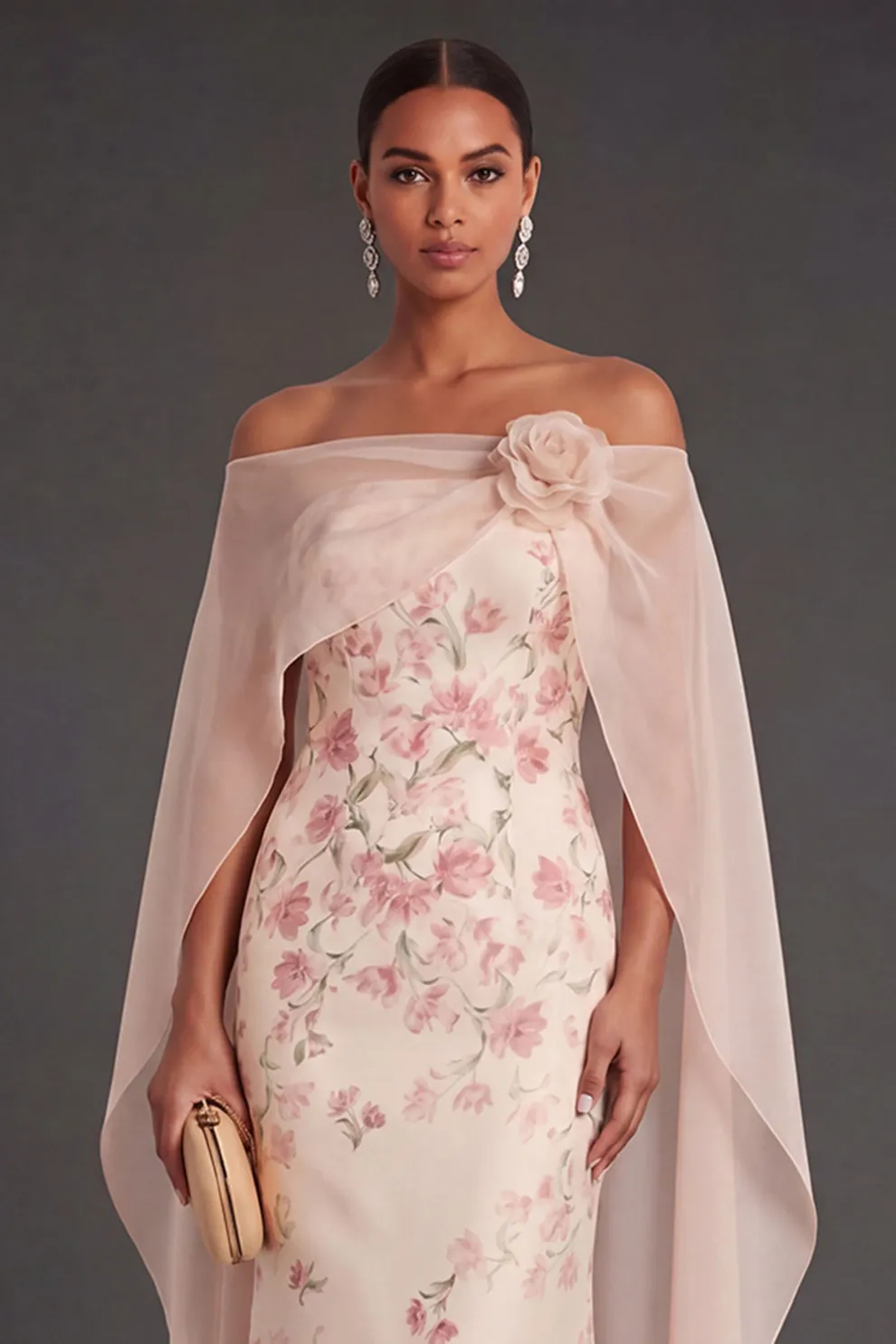 Apricot Floral Mermaid Maxi Strapless Wedding Guest Dress with Cape