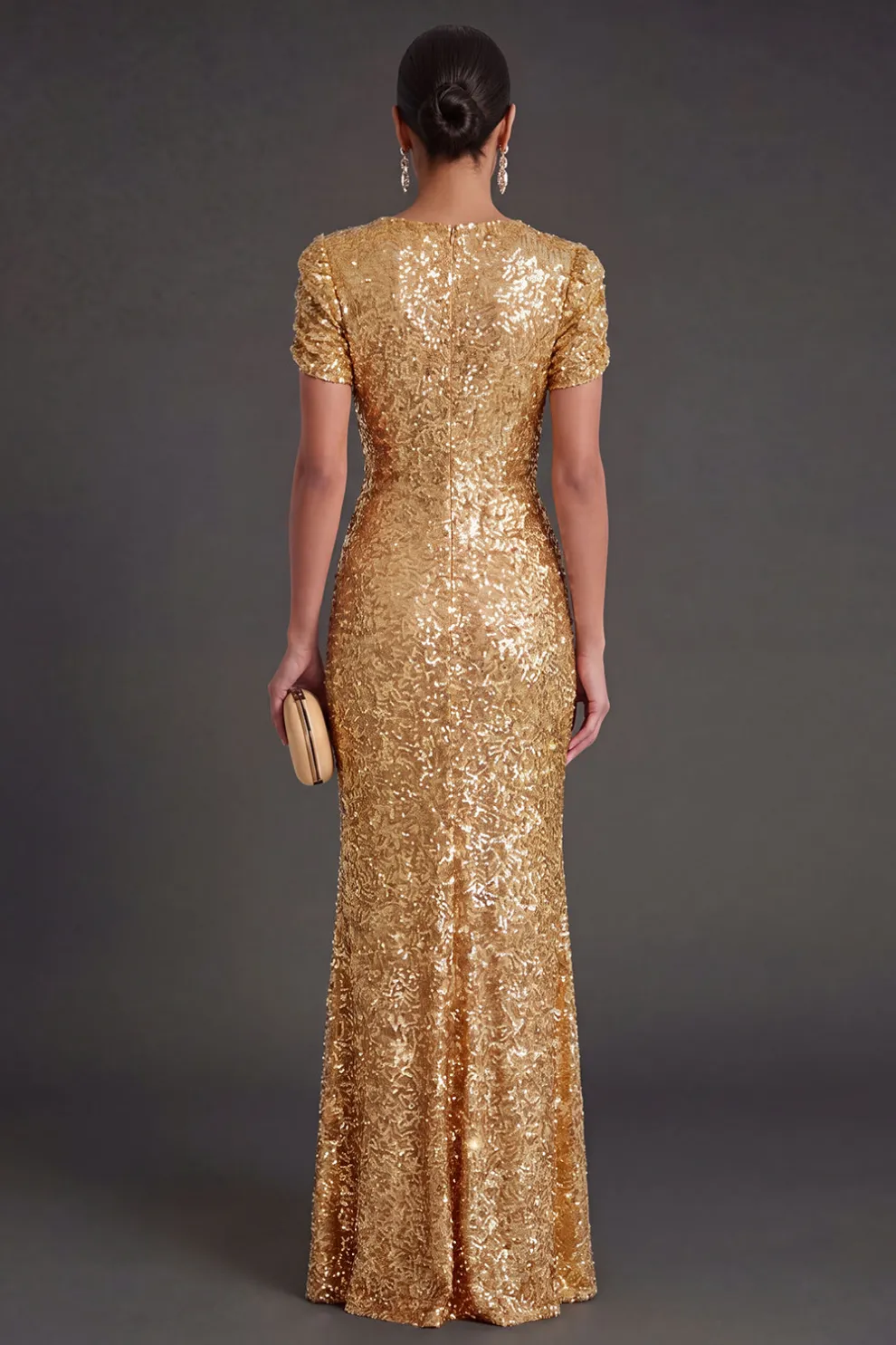 Sparkly Golden Mermaid Maxi Wedding Guest Dress with Sleeves
