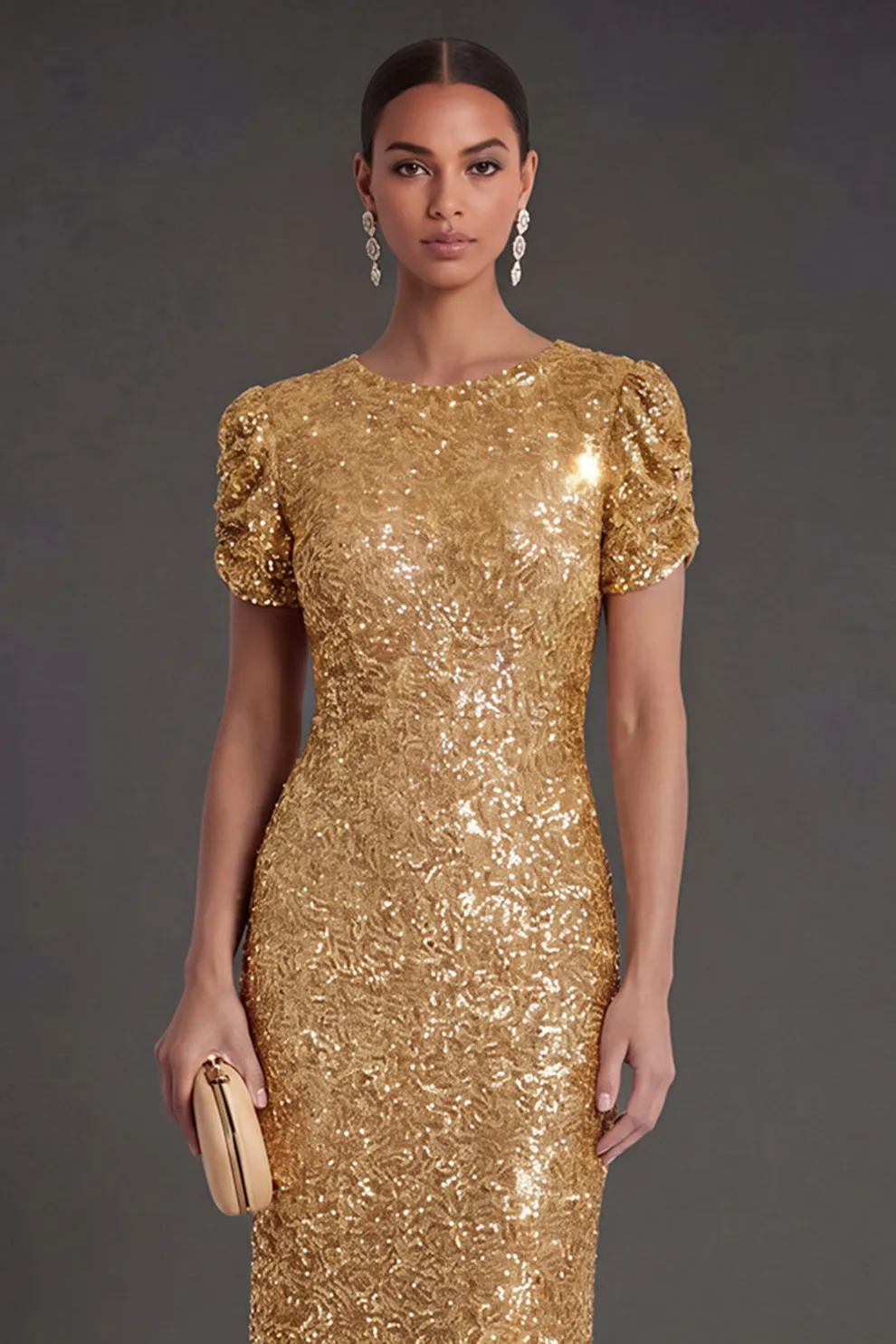 Sparkly Golden Mermaid Maxi Wedding Guest Dress with Sleeves