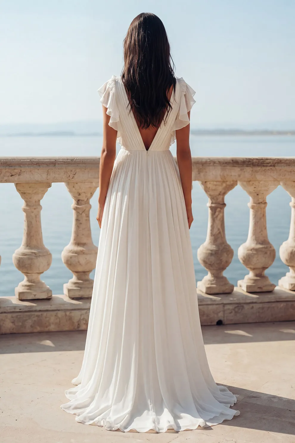 White A Line V-Neck Ruffled Swep Train Ruched Beach Wedding Dress with Slit