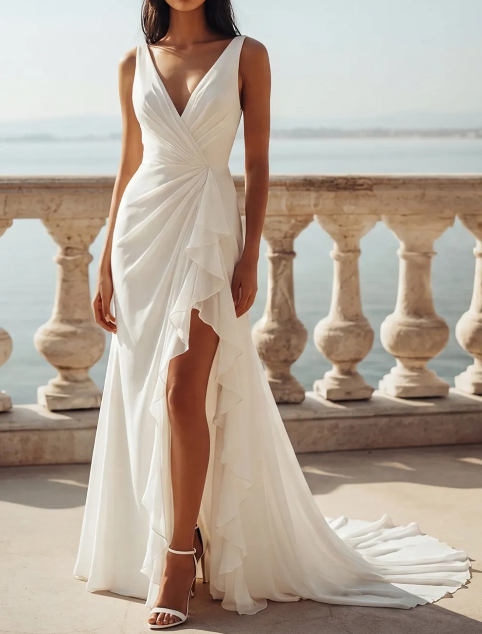 White Mermaid V-Neck Ruffled Swep Train Beach Wedding Dress with Slit