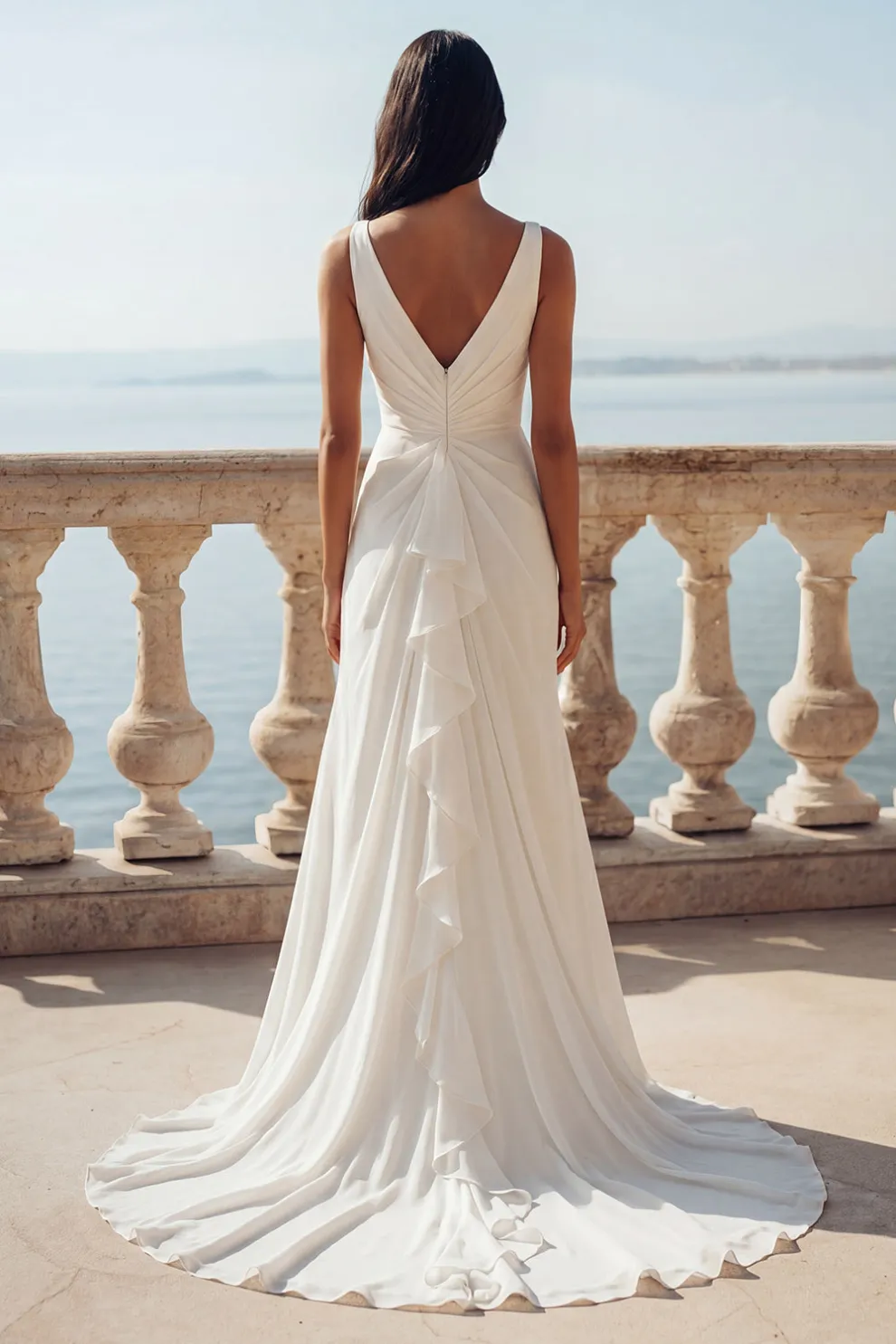 White Mermaid V-Neck Ruffled Swep Train Beach Wedding Dress with Slit