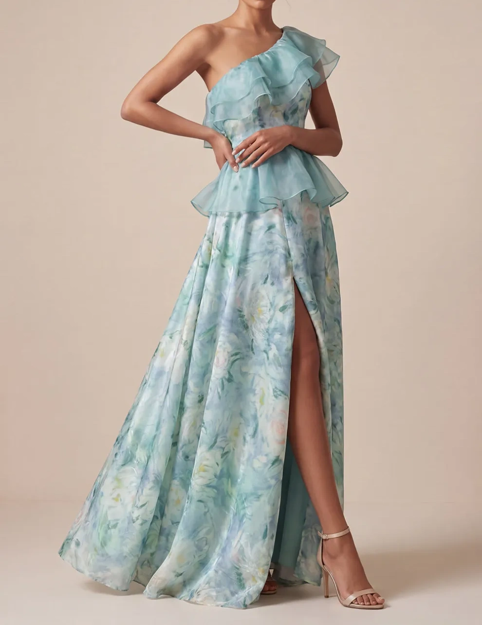 Light Green Floral One Shoulder Ruffled Maxi Wedding Guest Dress with Slit