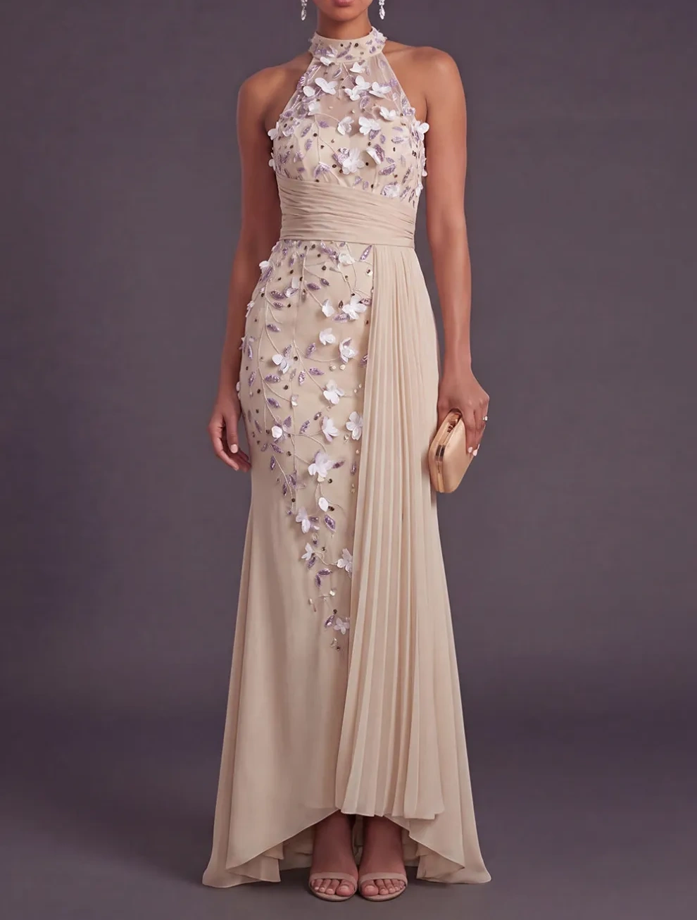 Mermaid Champagne Pleated Floral Long Apricot Formal Dress
