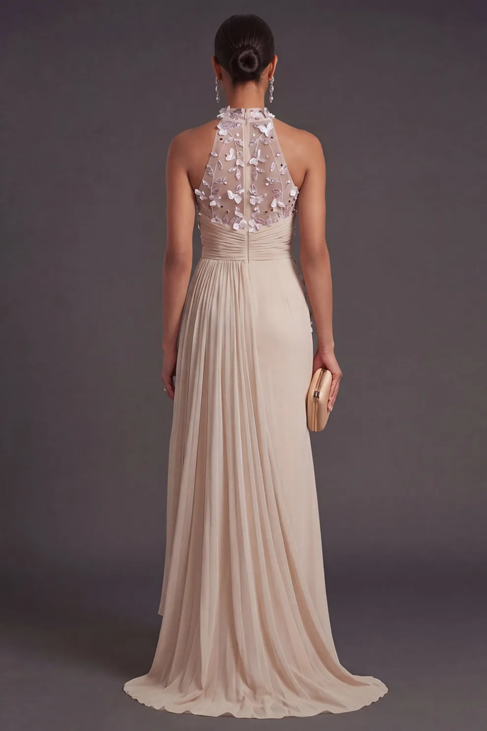 Mermaid Champagne Pleated Floral Long Apricot Formal Dress