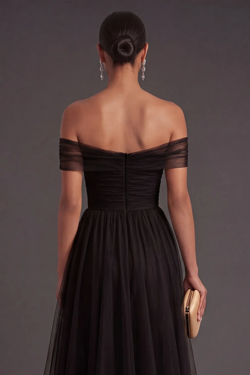 Off the Shoulder A Line Pleated Black Long Formal Dress