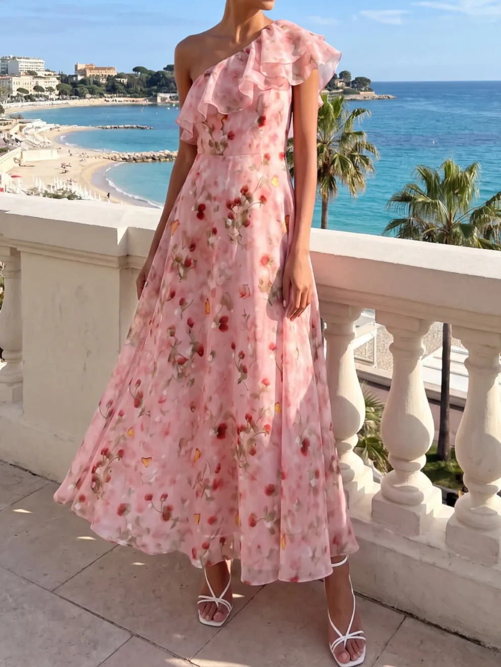 Pink Ruffled A Line Floral Long Wedding Guest Dress