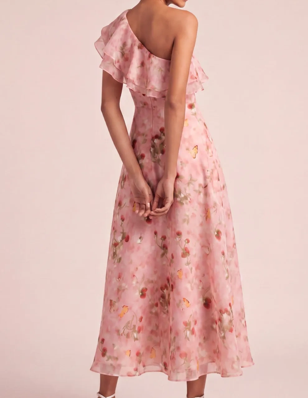Pink Ruffled A Line Floral Long Wedding Guest Dress