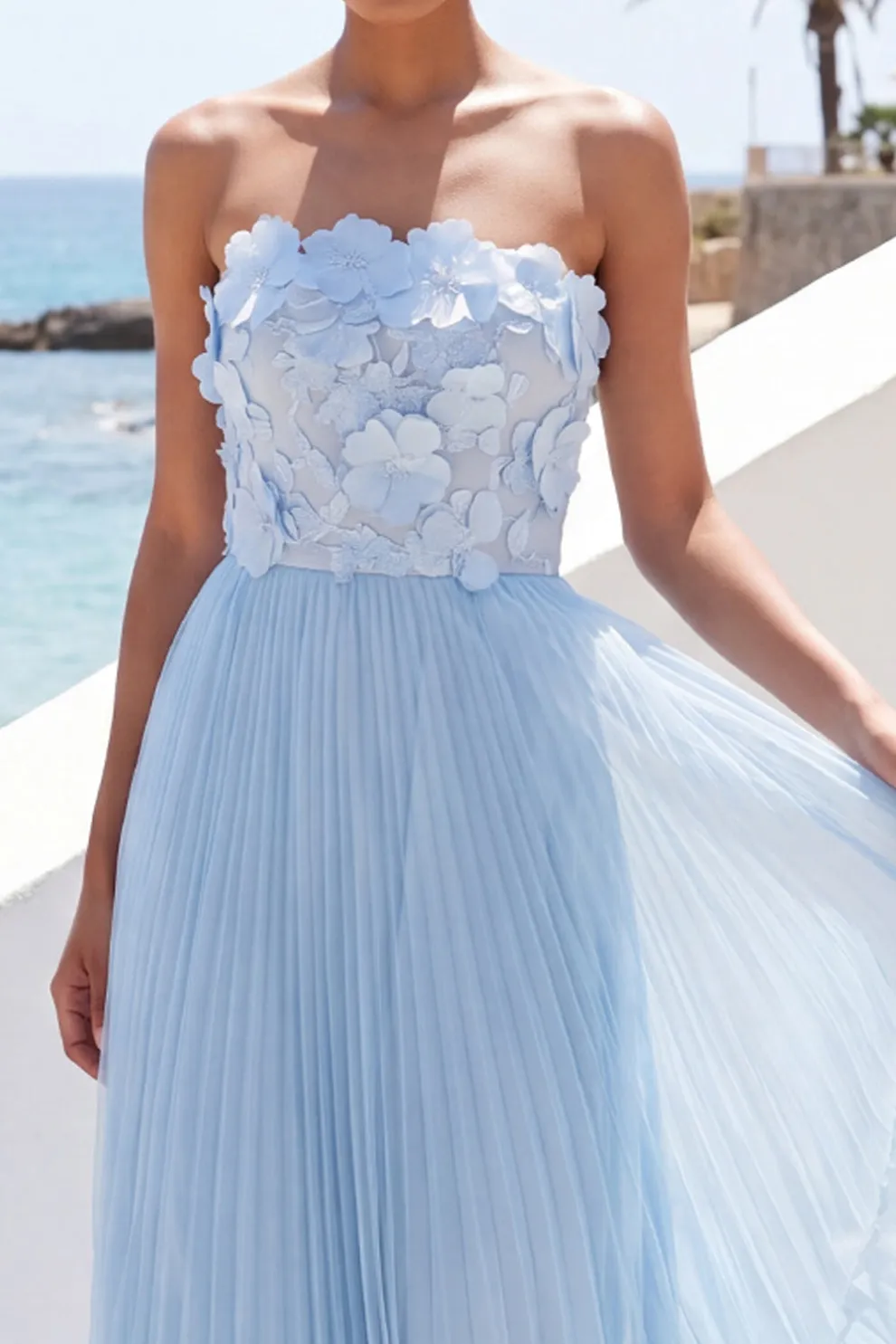 Light Blue Strapless Appliqued Pleated Maxi Beach Wedding Guest Dress