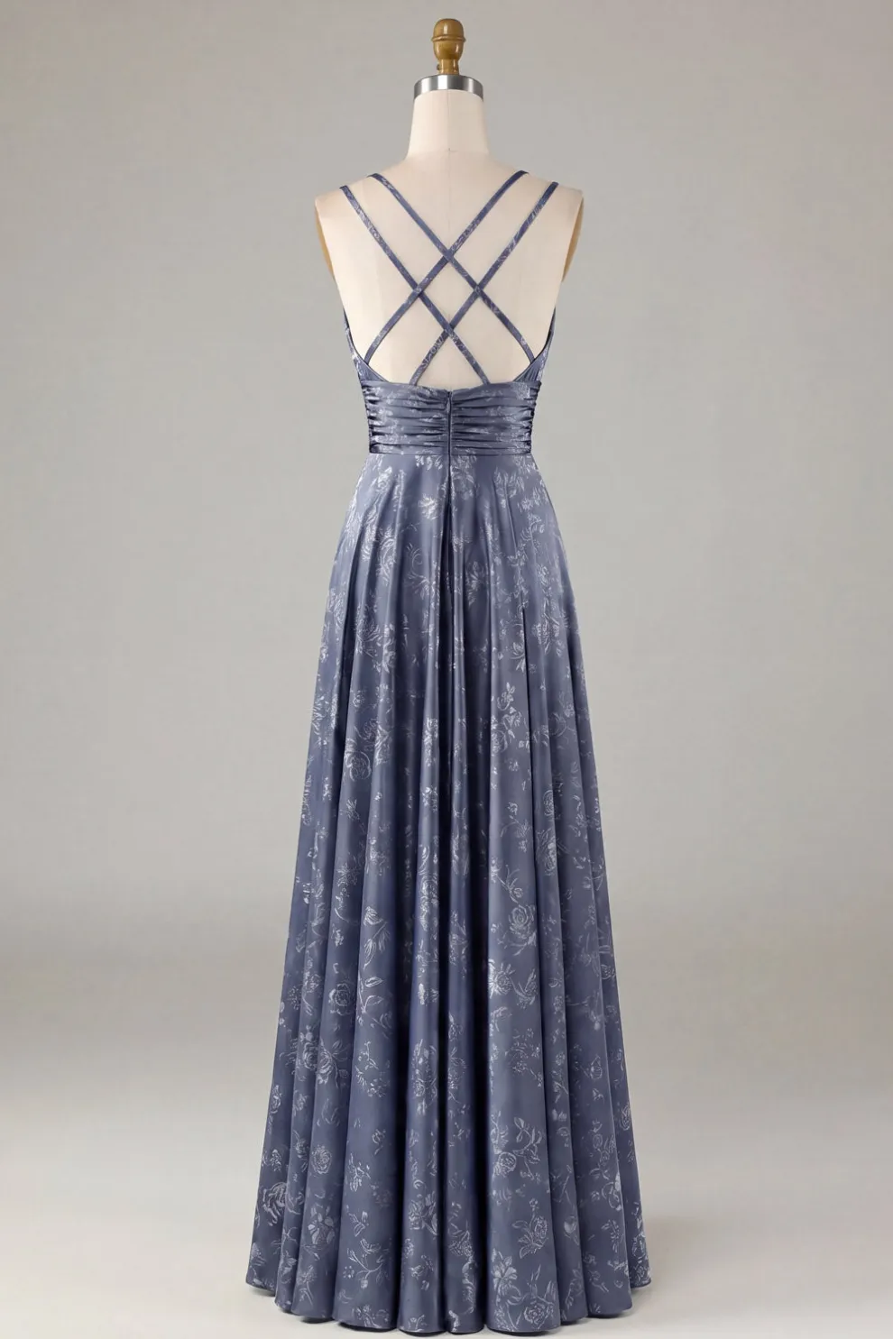 Dusty Blue Floral A Line Maxi Empire Waist Wedding Guest Dress