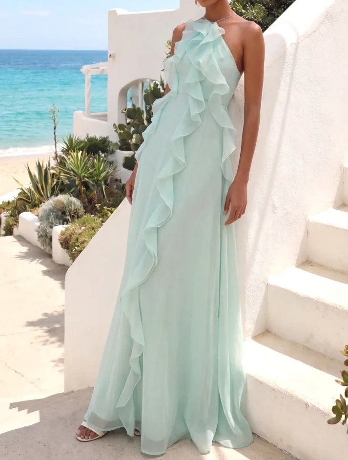 Lake Blue Maxi A Line Ruffled Criss Cross Back Wedding Guest Dress