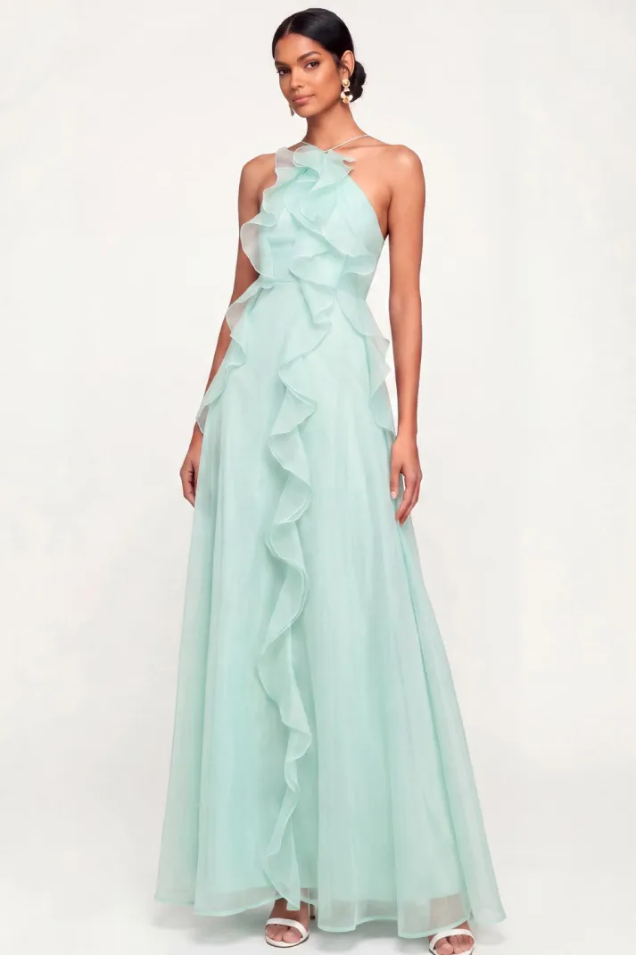 Lake Blue Maxi A Line Ruffled Criss Cross Back Wedding Guest Dress