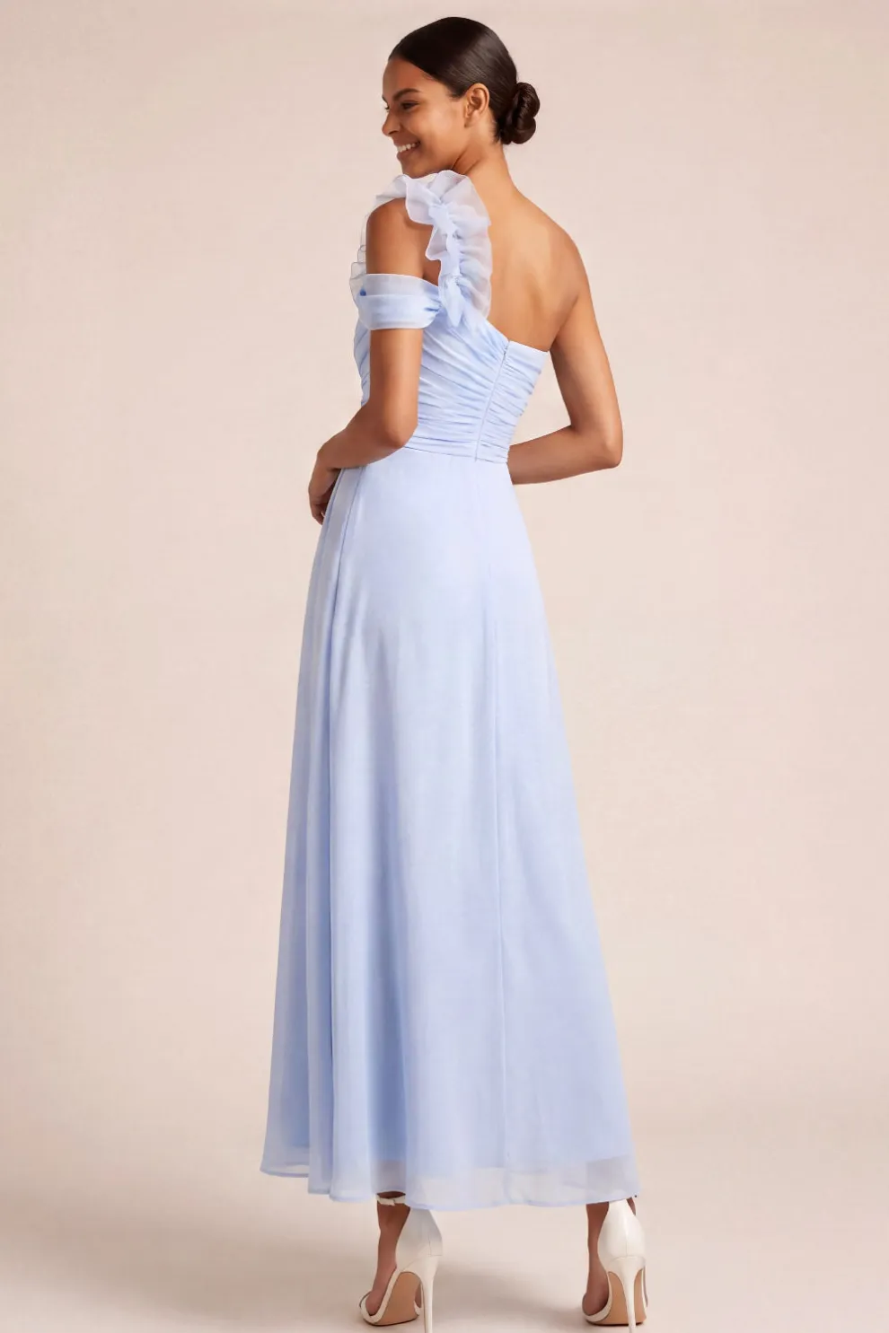 Light Blue A Line One Shoulder Ruched Long Bridesmaid Dress with Slit