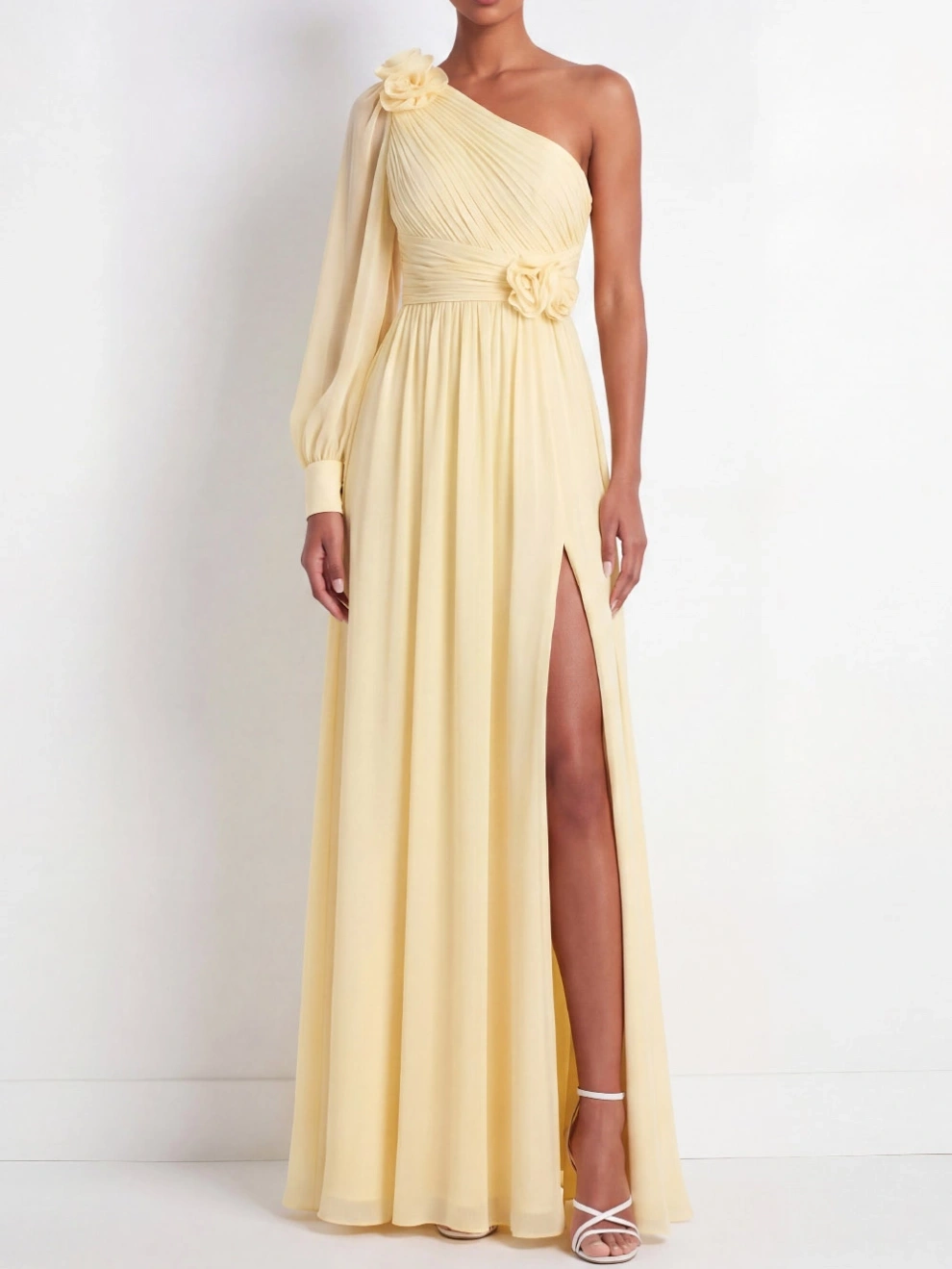 Light Yellow Formal ​Wedding Bridesmaid Dress One Shoulder Chiffon Maxi Dress
