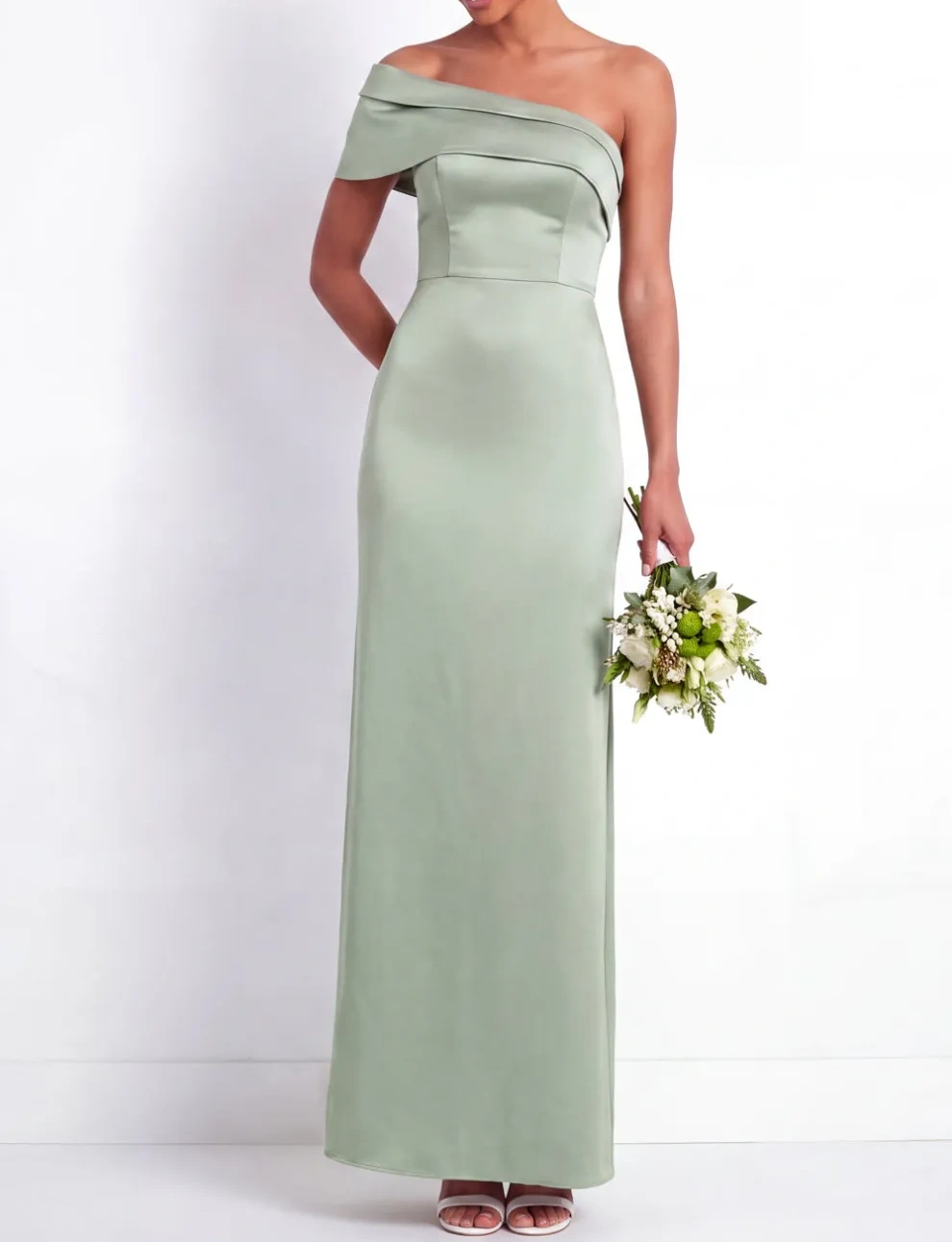 Dusty Sage Mermaid Satin One Shoulder Long Bridesmaid Dress with Back Slit