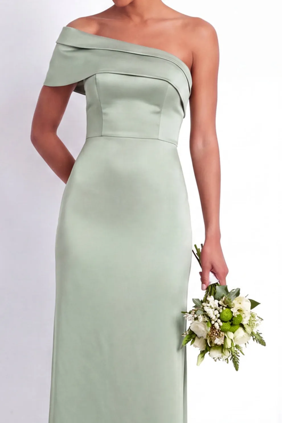 Dusty Sage Mermaid Satin One Shoulder Long Bridesmaid Dress with Back Slit