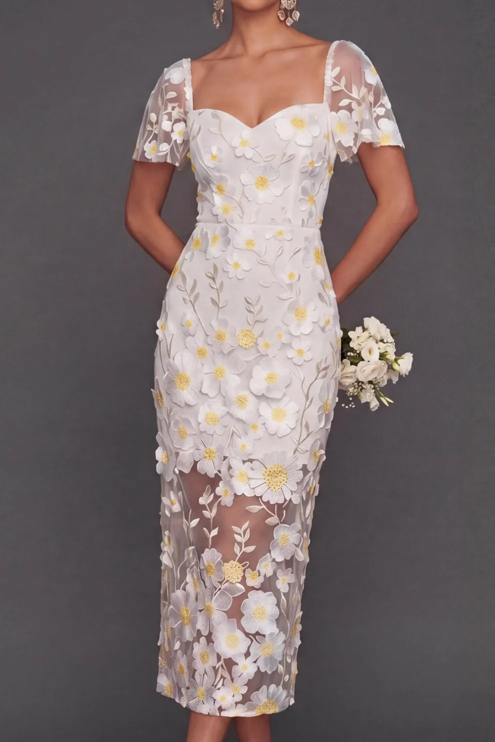 Floral Appliqued White Sheath Midi Engagement Dress