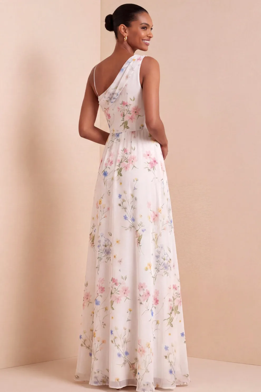 A Line White Floral One Shoulder Long Wedding Reception Dress with Slit