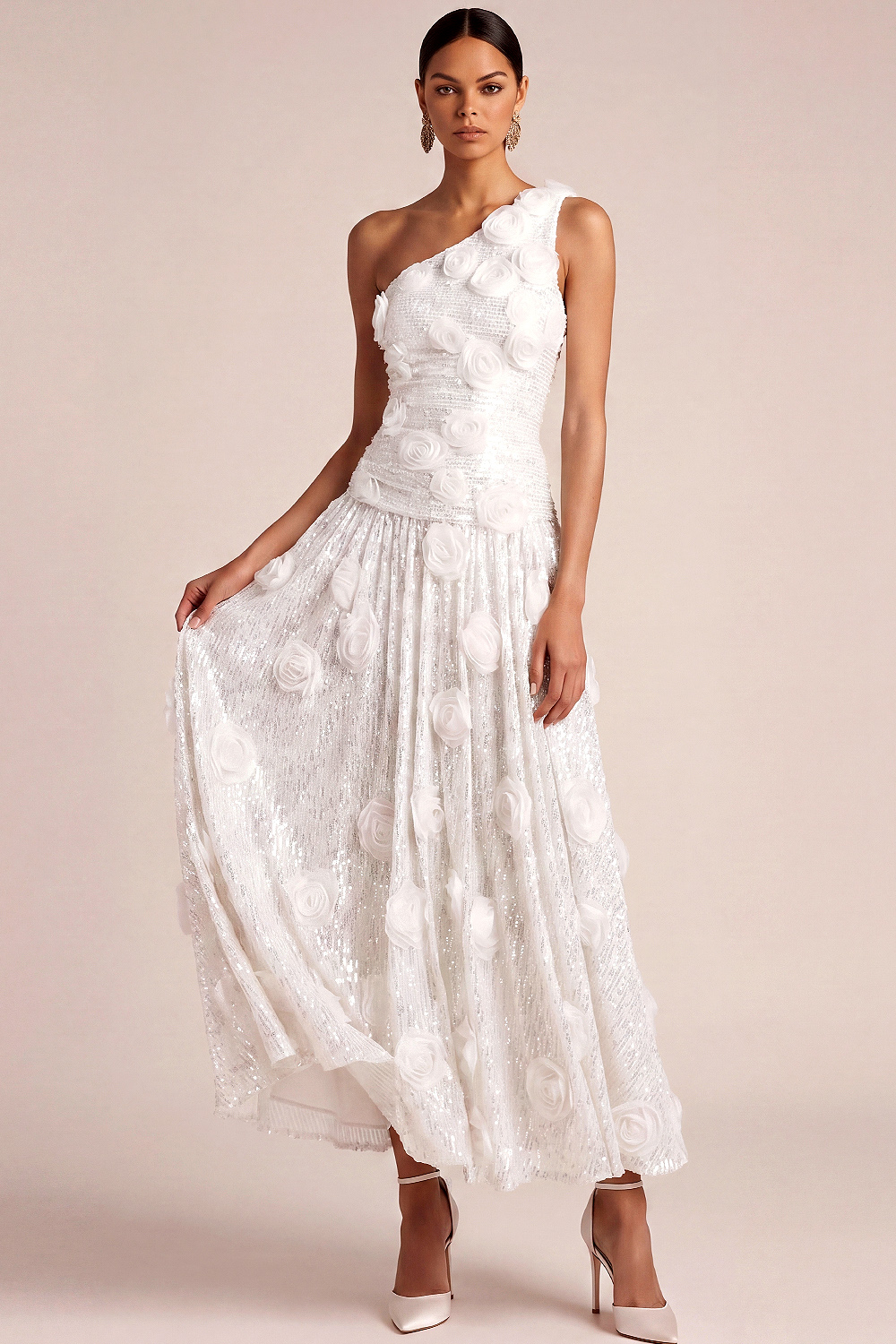 White Floral Formal Dress One Shoulder Appliqued Sequin Pleated Maxi Dress