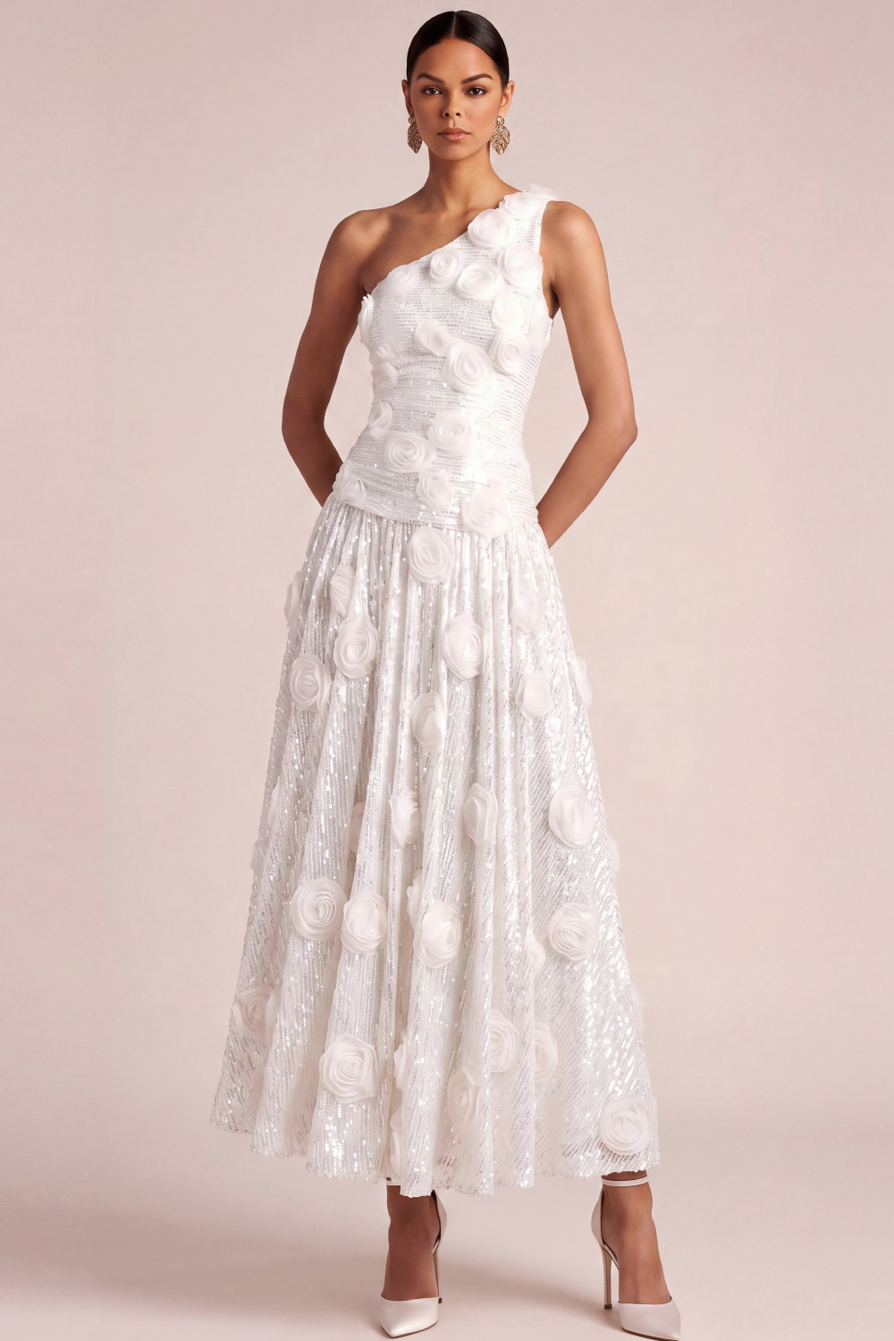 White Floral Formal Dress One Shoulder Appliqued Sequin Pleated Maxi Dress