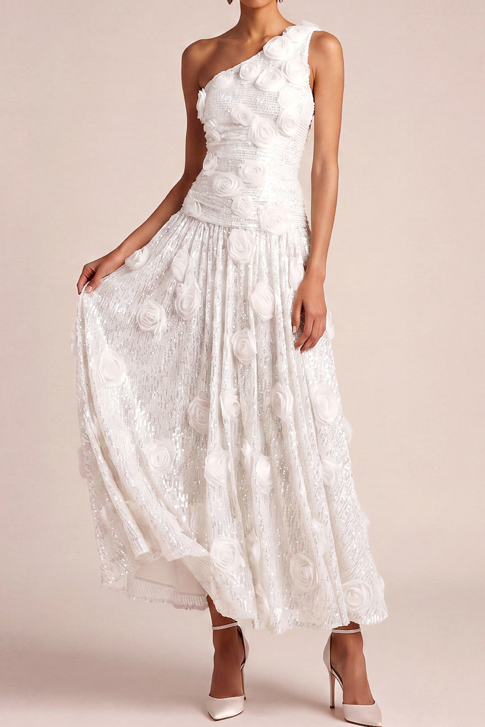 White Floral Formal Dress One Shoulder Appliqued Sequin Pleated Maxi Dress