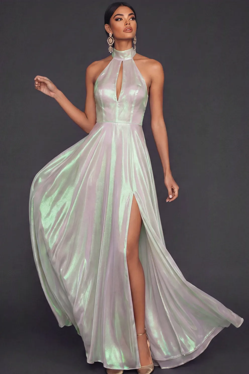 Glitter White Halter A Line Keyhole Maxi Formal Dress with Slit