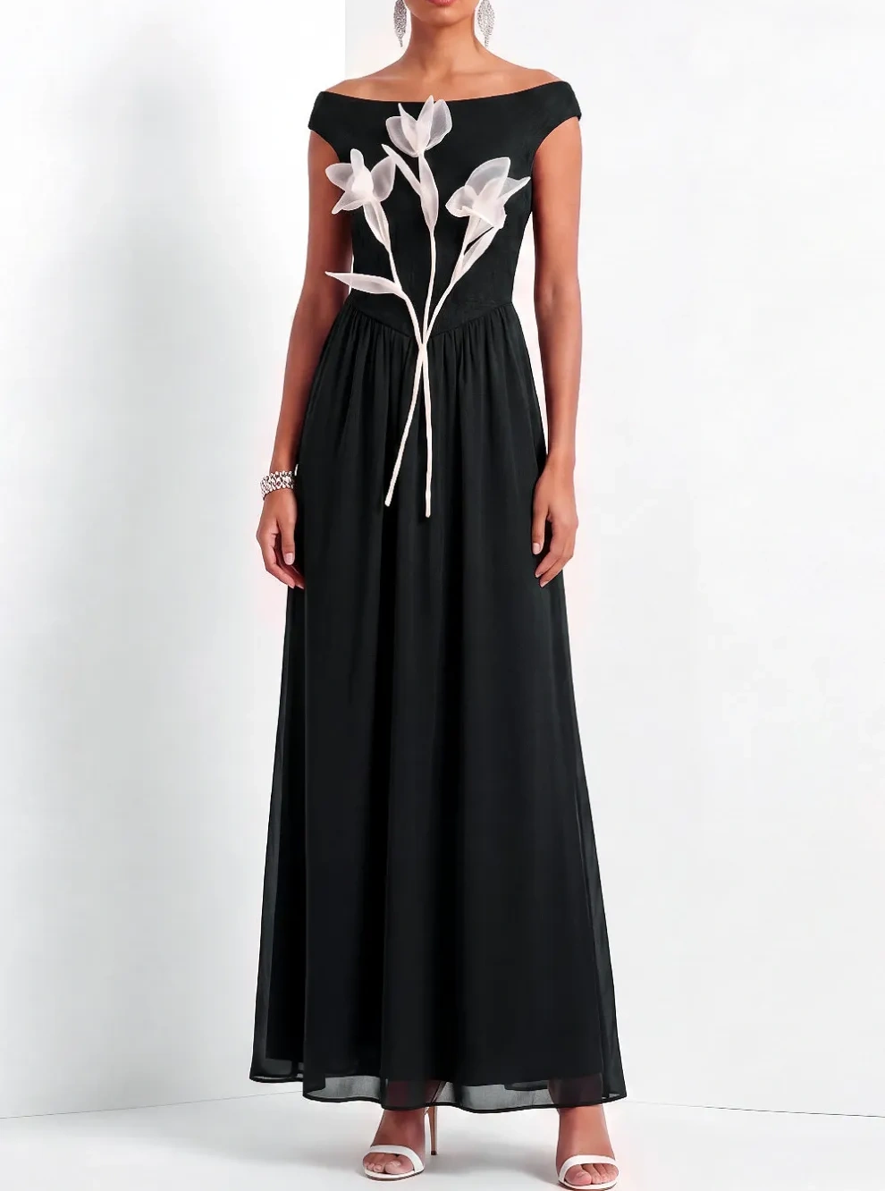 A Line Black Floral Off the Shoulder Long Formal Dress