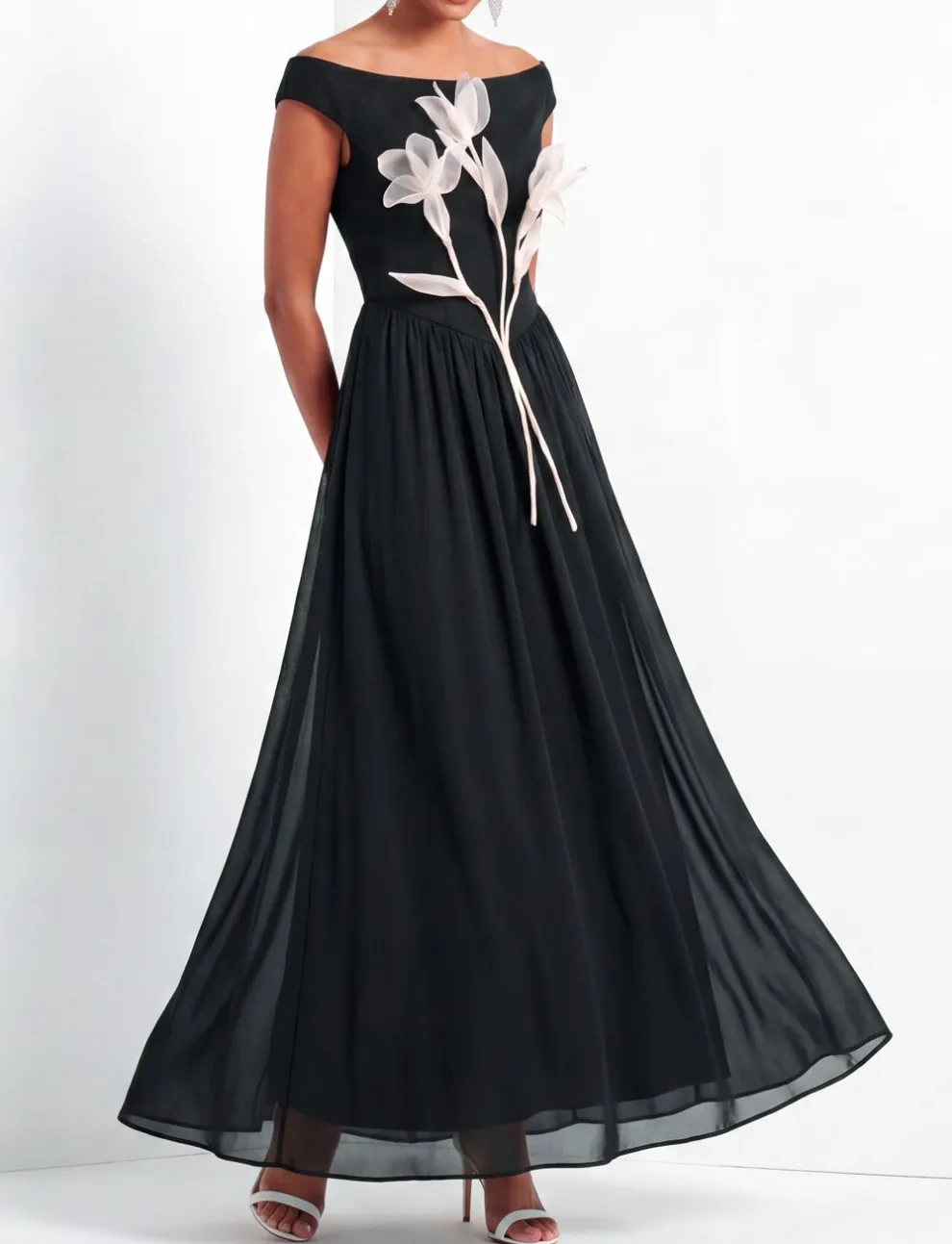 A Line Black Floral Off the Shoulder Long Formal Dress