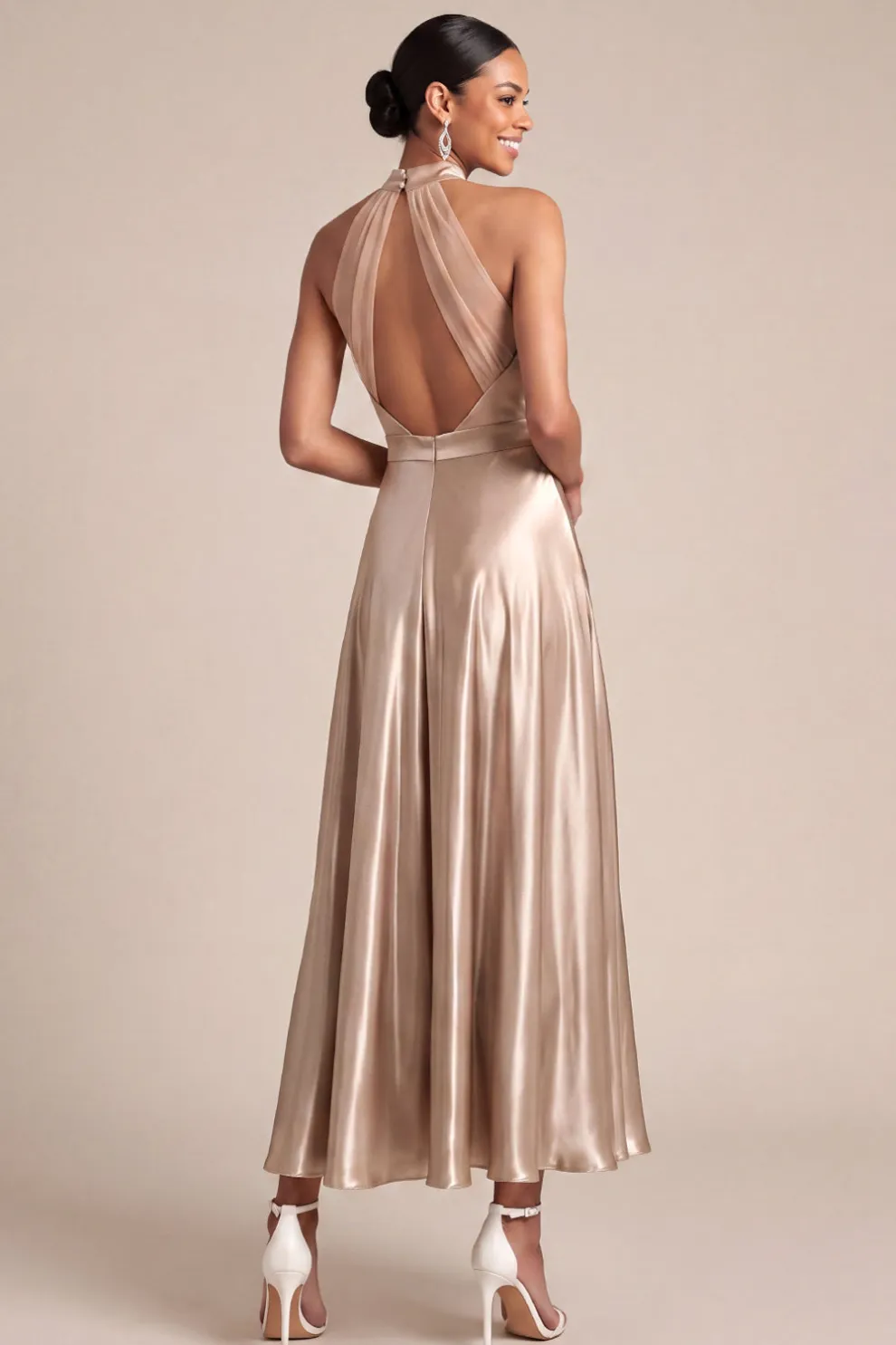 Halter Neck Champagne A Line Long Formal Dress