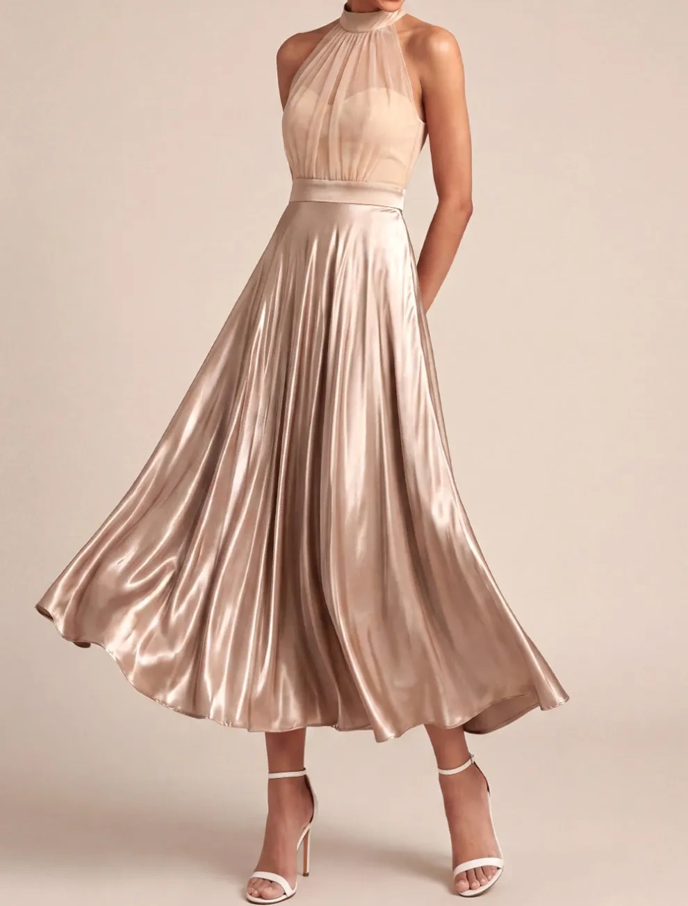 Halter Neck Champagne A Line Long Formal Dress