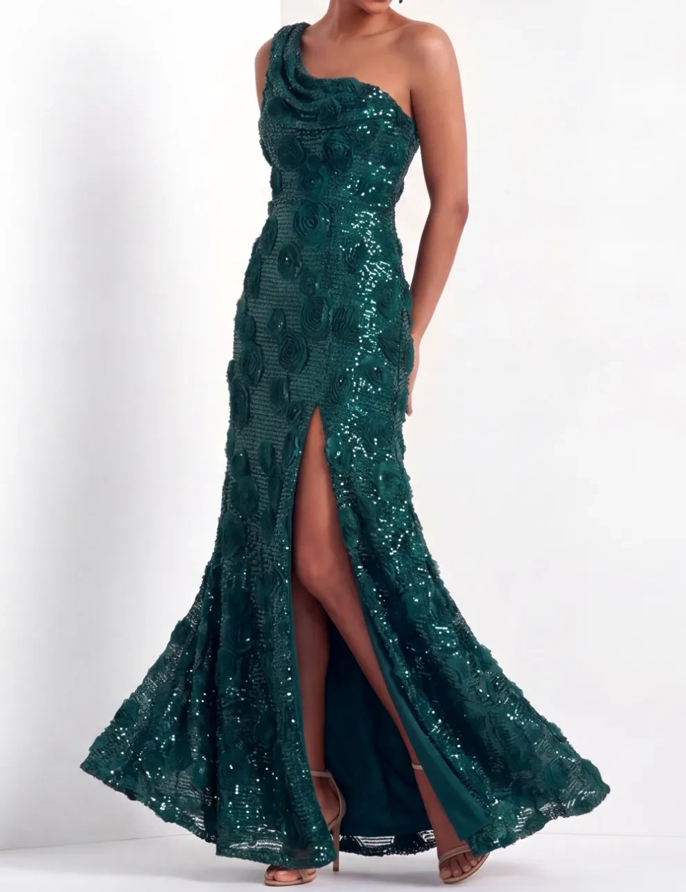 Pink Floral One Shoulder Sparkly Sequined Long Formal Dress with Slit