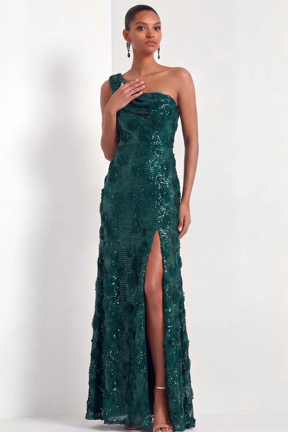 Pink Floral One Shoulder Sparkly Sequined Long Formal Dress with Slit