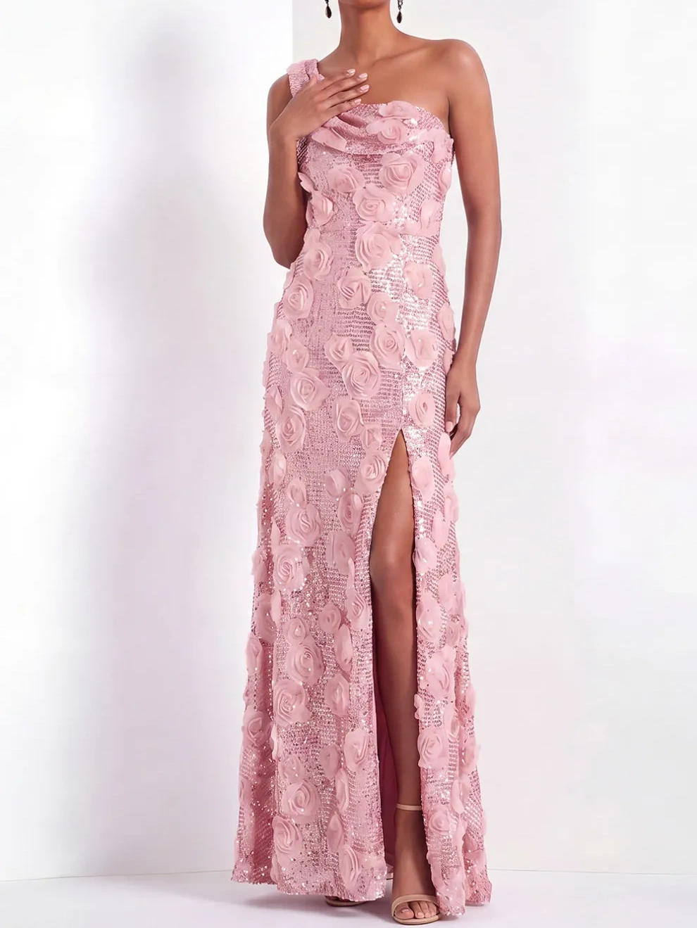 Pink Floral One Shoulder Sparkly Sequined Long Formal Dress with Slit