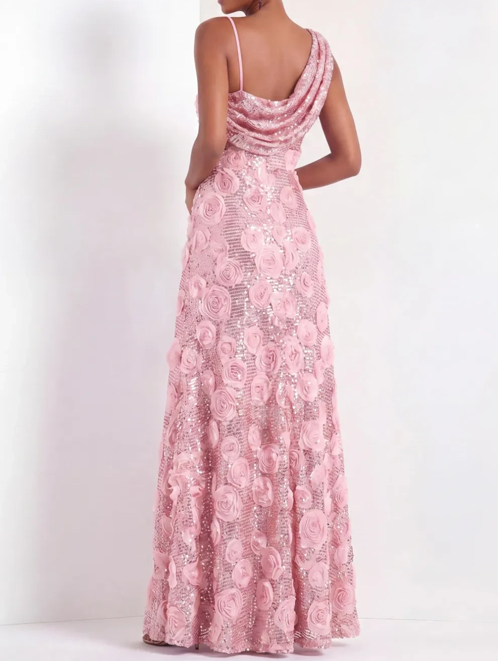 Pink Floral One Shoulder Sparkly Sequined Long Formal Dress with Slit